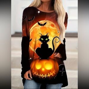 🐈⬛ Halloween Cat Print Crew Neck T-Shirt